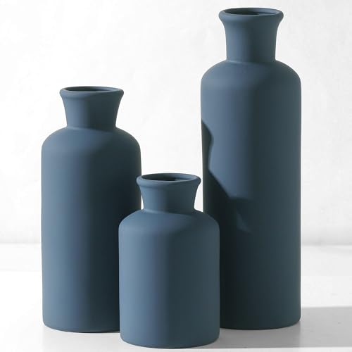 Ceramic Vase Set of 3, Neutral Modern Vases Home Decor Boho Vase Farmhouse Decor Flowers Pampas Vases for Table Mantel Entryway Shelf Living Room Kitchen Bathroom - Navy Blue - color: 007-navy Blue