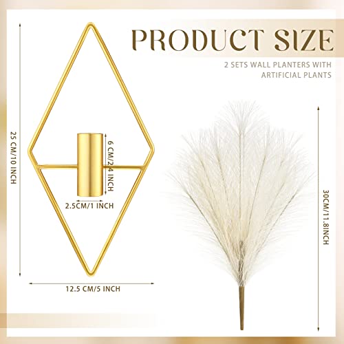 Peryiter 2 Pcs Boho Wall Decor Metal Gold Wall Art Hanging Planters with Artificial Pampas Modern Home Decor Display Art for Living Room Bedroom Bathroom(Rhombus) - style: Rhombus