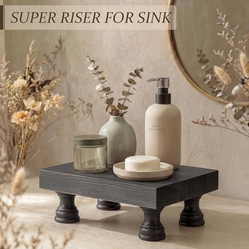 EOSAHR Retro Pine Wood Riser Display Stand for Home Decor - Farmhouse Pedestal Stand Can be used as Sponge Holder & Plant Stand - Countertop Organizer for kitchen & Bathroom(Distressed Black) - color: Distressed Black
