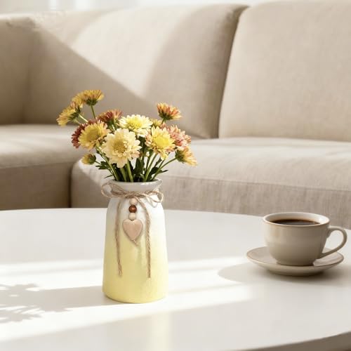 6-Inch Ceramic Flower Vase with Jute Rope & Heart Charm | Perfect for Boho, Farmhouse & Modern Home Décor, Yellow - color: Yellow