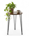 17 Inch Tall Metal Plant Stand Indoor,Heavy Duty Flower Pot Holder with 11.5 Inch Modern Round Board Table,Sturdy Metal Tripod Design Side Table,Matte Black - color: Walnut