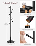VASAGLE Solid Wood Coat Rack, Free Standing Hall Coat Tree with 8 Hooks, 3 Height Options, for Coats, Hats, Bags, Purses, for Entryway, Hallway, Rubberwood Hooks and Pole, Ink Black URCR007P33 - color: Ink Black, style: Round Base + Spherical Hooks