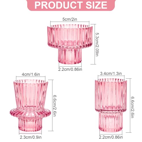 Candlestick Holders Set of 6, Ribbed Glass Taper Candle Holders, Reversible Pink Tealight & Candle Stick Candle Holder Vintage Crystal Tapered Candlestick for Wedding Dinner Party Festival - color: Pink