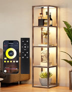 PARTPHONER Floor Lamp Glass Display Shelf with Remote/APP Control, Dimmable LED Floor Lamp with Shelves, Open Display Cabinet, Color Temp Control (2700K-6000K), Oak Gray - color: Gray