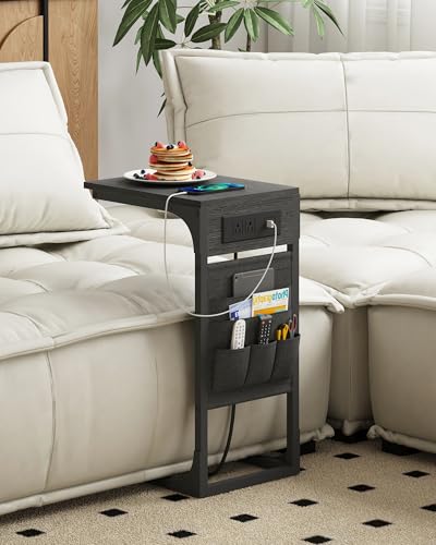 TUTOTAK C Shaped End Table with Charging Station, Side Table for Sofa and Couch with Storage, TV Tray Table with 2 USB Ports & Outlets - Black TB01BK024 - color: Black, size: 1 Pack (11.8"W), style: With Plug