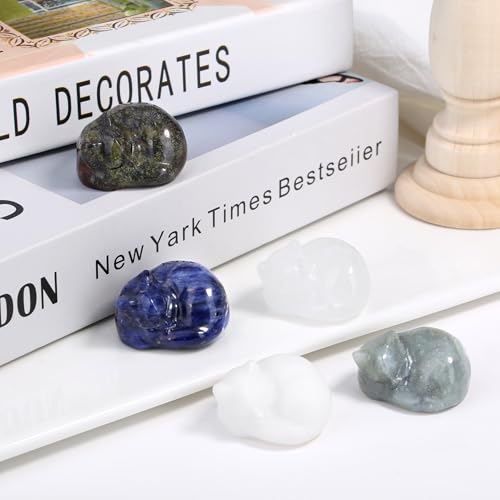 QINJIEJIE Cat Decor Statue White Labradorite Crystal Healing Stone Figurine Decor Polished Gemstones Cute Kitten Gifts Stocking Stuffers Home Office Desk Decor Cats Gifts for Cat Lover 1.6" - color: Kc-white Labradorite, size: 1.5 inches