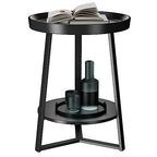 Gadroad Round End Table with Storage Shelf, 2 Tier Farmhouse Side Table Nightstand for Living Room, Bedroom, Wood Tabletop & Black Metal Frame, Black 15.7 * 15.7 * 23.0inches - color: Black, style: No Charging Station