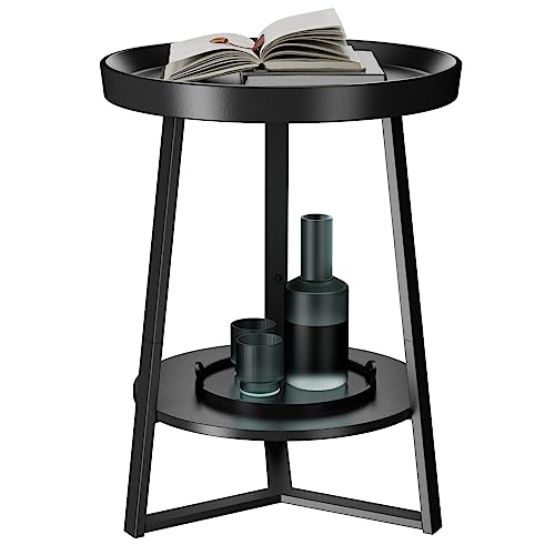 Gadroad Round End Table with Storage Shelf, 2 Tier Farmhouse Side Table Nightstand for Living Room, Bedroom, Wood Tabletop & Black Metal Frame, Black 15.7 * 15.7 * 23.0inches - color: Black, style: No Charging Station