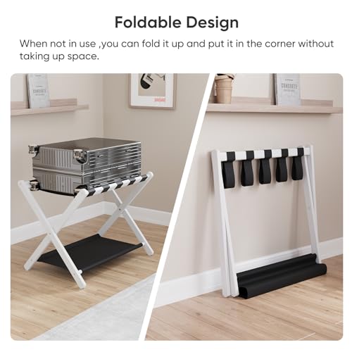 Smuxee White Bamboo Luggage Rack Pack of 2, Foldable Suitcase Stand with Storage Shelf, Easily Assembled Luggage Stand with 5 Nylon Straps for Guest Room Bedroom Hotel - color: White 2PCS