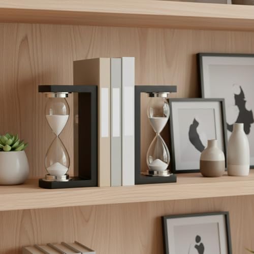 Decorative Hourglass Bookends for Bookshelf Decor - Elegant Book Ends for Book Accessories, Shelf, or Office Decor - Modern Desk Decor, Home Library, or Console Table Decor - Set of 2, 10", Black