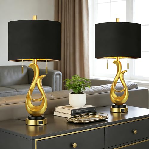Modern Luxury Table Lamps, Gold Sculptural Bedside Lamps, Gold Leaf Finish Nightstand Lamps, 26'' Table Lamp with S Cluster Pull Chain Switch for Bedroom, Desk Lamp with USB Ports, 4 Bulbs Included
