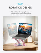 SOUNDANCE 360 Rotating Laptop Stand, Ergonomic Computer Riser for Desk, Adjustable Height Multi-Angle Metal Holder, Foldable Portable Notebook Elevating Base for Office & Home, Pink - color: Pink