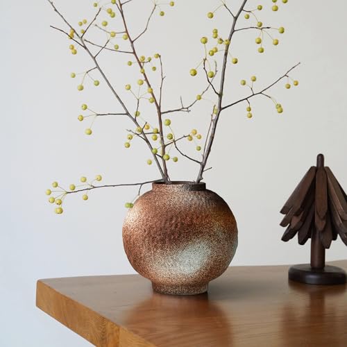 GeLive Round Hammered Finish‌ Rustic Pottery Vase, Handmade Ceramic Flower Vase for Home Decor, Farmhouse Centerpiece Moon Jar Vase (Brown, 7inch)‌