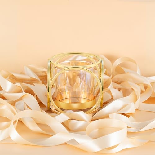 Gold Hurricane Candle Holder with Metal Frame & Windproof Glass Lid, Geometric Cutouts for Weddings, Parties, Home Decor - size: Small