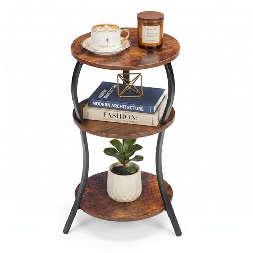 Vintage Small Round Side Table, 3-Tier Slim Waist Circular End Table with Storage Shelf, Compact Tea Sofa Table, Round Corner Coffee Table Nightstand for Living Room Bedroom Small Spaces,Rustic Brown - color: Rustic Brown, style: Classic