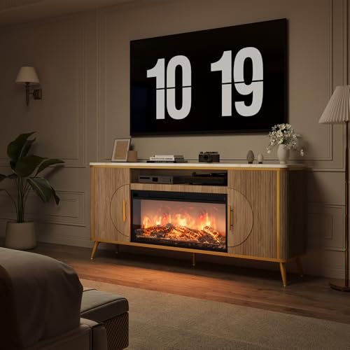 Fluted Fireplace TV Stand Up to 80" TVs, Modern Entertainment Center with 30" Electric Fireplace, Luxury Media Console with Adjustable Shelves for Living Room, Nature Oak - color: Nature Oak