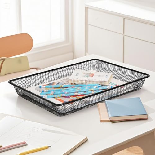 Office Metal Mesh Basket for Desk, Single Paper Tray Organizer, Turn in Trays Classroom, Flat Mail Letter Storage Basket for Office Home Drawers School, Black (1 Pack)