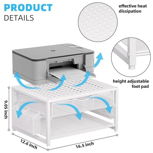 Marbrasse Metal Printer Stand for Desk with Storage Drawer and 2 Pen Holders, 2-Tier Desktop Organizer Printer Table for Home Office, Multi-Purpose Desk Organizer for Fax Machine Scanner Files(White) - color: White