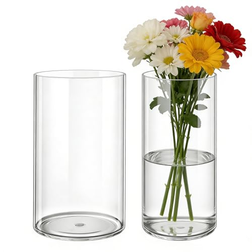 2 Pack Acrylic Cylinder Vases, Non-breakable Vase for Centerpieces,10 inch Tall Clear Flower Vase Bulk Floating Candle Holder for Wedding Table Home Decor and Party (6 x10 in+4 x10 in) - size: 2 Pack(4''W x 10''H & 6''W x 10''H)