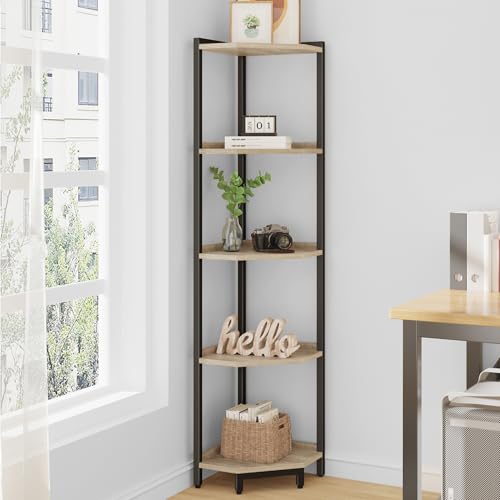 Hzuaneri Corner Shelf Stand, Corner Bookshelf, Storage Standing Shelf Unit with Metal Frame, Plant Stand, Bookcase for Living Room, Home Office, Bedroom, 5-Tier Greige CS05905B - color: Greige, size: 5 Tier