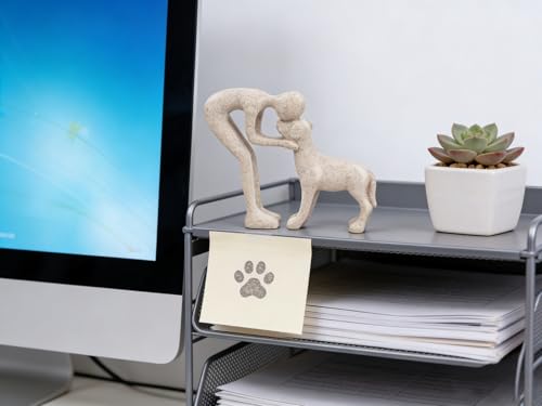 Human and Dog Hugging Sculpture Decor - Forever Loved Pet Memorial Statue Gifts, Decorative Figurine for Home, Shelf, Desk & Office (Sandstone)