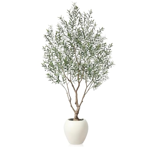 SOGUYI Olive Trees Artificial Indoor, 8 Feet Tall Faux Olive Tree with Round Artisan Planter, Premium Handmade, Realistic Trunk & Lifelike Leaves, Perfect for Large Spaces & Elegant Home/Office Decor
