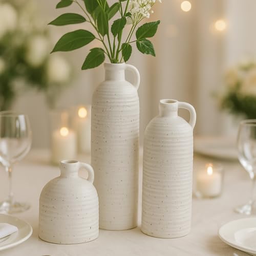 White Ceramic Vase Set of 3 with Handle – Ribbed and Dotted Jug Vases for Rustic Farmhouse Table Centerpiece, Shelf & Mantel Decor - color: White03