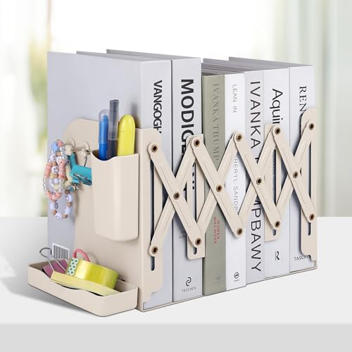Honagu Adjustable Bookends, Metal Book Ends for Shelves Heavy Book, Bookend for Home, Office, Books, Papers, Book Stopper with Removable Hook, Pen Holder, Gifts for Students, Teachers（Milky White） - color: Milky White