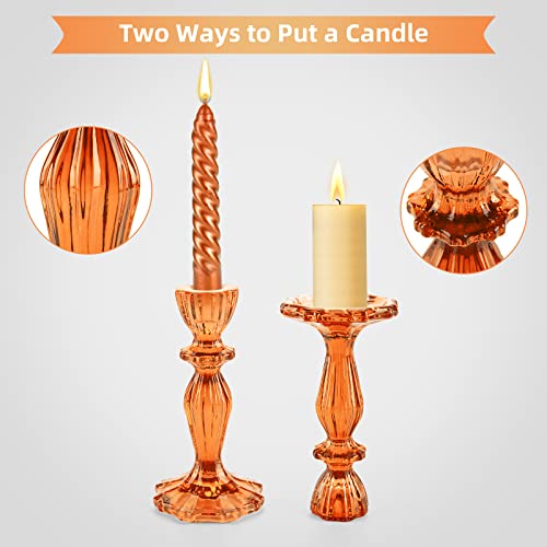 Glass Candle Holders, 2PCS Pillar Candle Holders Decorative Candlestick Holders Table Centerpieces Valentines Wedding Home Decor, Orange - color: Orange
