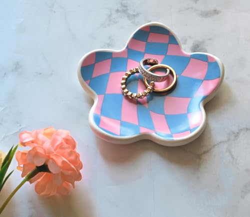 Teen Girls Gifts Trendy Stuff Preppy Room Decor Bedroom Decor Aesthetic Dorm Decor Aesthetic Stuff Checkered Jewelry Tray - style: Blue and Pink Wavy Checkered