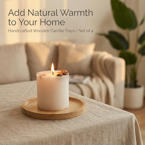 Wood Candle Holder Farmhouse Decor, 4PCS Wooden Pillar Candles Tray, Rustic Wooden Candle Stand, Round Woodens Plate Pedestal Stand, Candles Tray Decorative for Living Room, Table Centerpiece