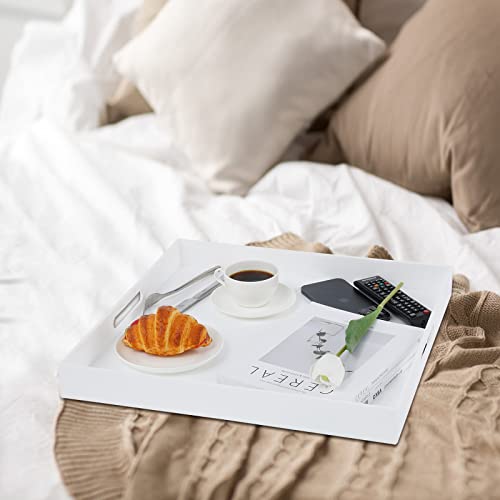 18×18 Inch Golssy White Acrylic Serving Tray with Handles Extra Large Ottoman Tray Decorative Tray Spill-Proof Coffee Table Space Saver Oversize Counter top Organizer Platter with Safe Edge - color: Glossy White, size: 18" x 18" x 2"