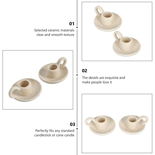 DOITOOL 2Pcs Ceramic Candle Holder Candlestick Holder with Handle, Taper Candle Stand Candlelight Stand Holder Decorative Candle Display Holder for Desktop Dining Room Home Decoration Display (Beige) - color: Beige