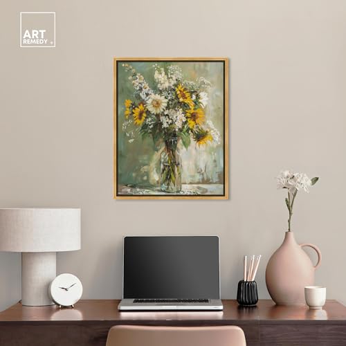 Art Remedy Sunflowers In A Glass Vase Canvas Vintage Farmhouse Wall Art, Gold Frame, 20" x 24" - color: Gold Frame, size: 25"L x 21"W