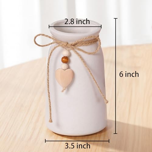 Charming 6-Inch Ceramic Vase | Jute Rope & Heart Charm Vase for Bohemian Farmhouse & Boho Décor, White Color - color: White