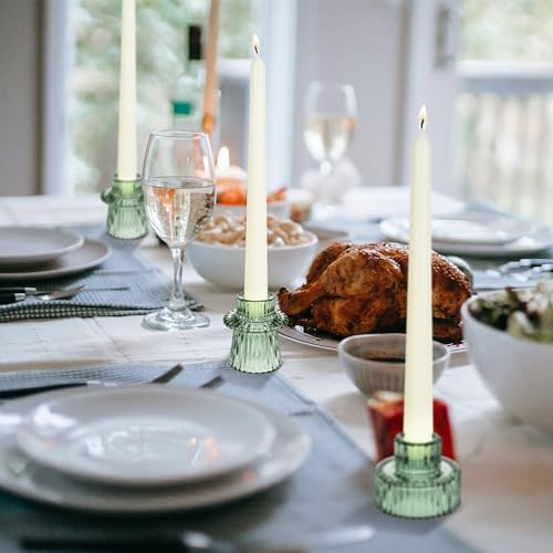 Taper Votive Candle Holder for Pillar Candles Tealight, Candlestick Holder for Wedding Christmas Tea Party, Boho Ribbed Vintage Crystal Glass Table Centerpiece Decor, Bulk Set of 6 (Green) - color: Green