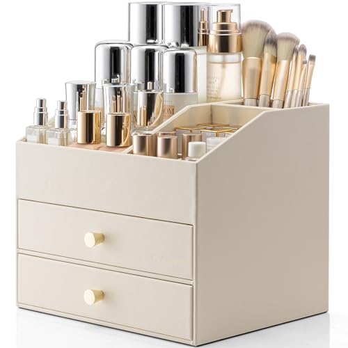 VLANDO Makeup Organizer for Vanity,Large Capacity Countertop Organizer with Drawers, PU Leather Cosmetic Display Case for Lipstick,Brushes,Skincare,Bedroom Storage (Beige) - color: 3 layers-Beige
