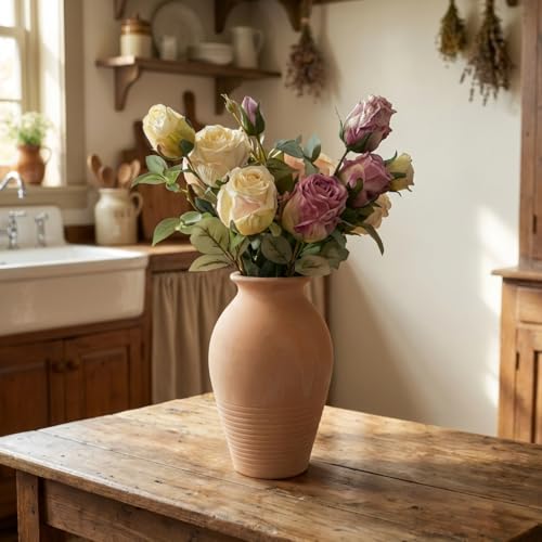 Ceramic Whitewashed Terracotta Farmhouse Vase, 9.2 inch Height, Pottery Decorative Flower Vases,Clay Decorative Vases for Home Decor, Table, Living Room, Shelf, Mantel Decoration (Terracotta White) - color: Terracotta White