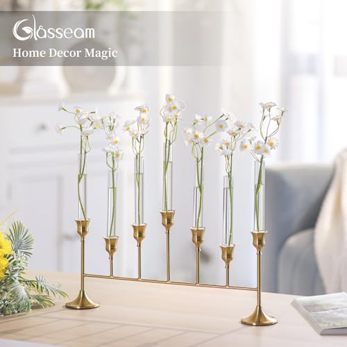 Bud Vases with Candlestick Holders: Glasseam 7PCS Small Glass Vase for Flowers & Gold Taper Candle Holders for Wedding Decor 5.9’’ Skinny Clear Vase & Silicon Case for Floral Arrangements Tablescapes