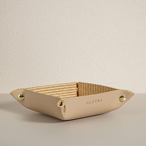 OLETHA Small Foldable Valet Tray - Aesthetic Desk Organizer for Home, Office & Travel - Portable Catch All Bowl for Keys, Scrunchie & Jewelry - Rattan Textured, Beige - color: Rattan Textured, Beige