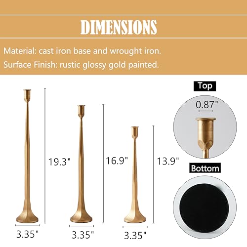 Denique Iron Taper Candle Holder Set of 3, Gold Candlestick Holders 19.3”17” 14” Heightening Decorative Candle Stand Set for Wedding, Dining Table, Home Decoration (Gold) - color: Gold, size: 14”,17”,19.3”
