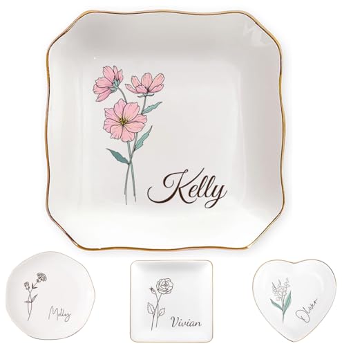 Custom Ceramic Ring Dish, Personalized Jewelry Tray with Name Birthday Flower, Earrings Necklaces Bracelet Watch Keys Trinket Holder, Mothers Day Bridesmaid Bestie Gift for Women - color: Birth Flower & Name