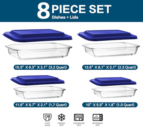 8-Piece Glass Baking Dish Set with Plastic lids,Rectangular Glass Bakeware Set with Lids, Baking Pans for Lasagna, Leftovers, Cooking, Kitchen, Freezer-to-Oven and Dishwasher, Blue - color: Navy blue
