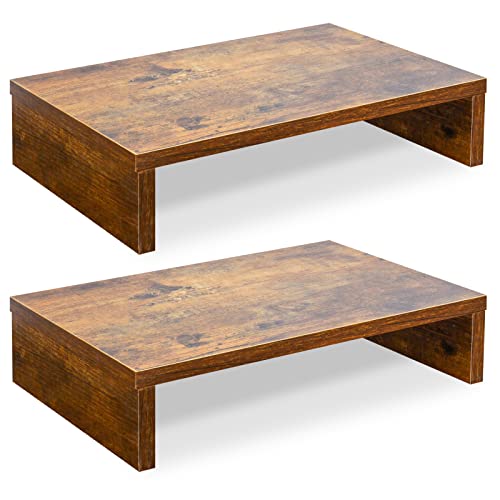 TEAMIX Monitor Riser - 2 Pack, Rustic Brown Wood Adjustable Stand for 2 Monitors/Laptop/PC - color: Brown