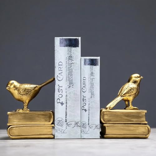 Home Decorative Gold Birds & Books Vintage Design Resin Bookshelf Bookends,Paper Weights, Book Ends,Bookend Supports, Book Stoppers, Set of 2