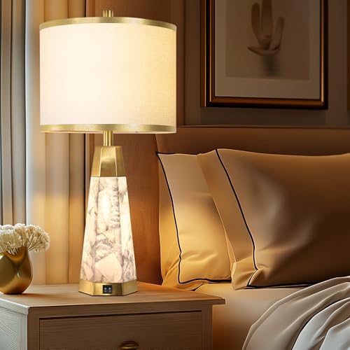 KIVDITZO 27" Alabaster Table Lamps Set of 2 - Lamps for Living Room with Night Light, Bedside Lamps with White Linen Shade, Nightstand Table Lamp with USB A+C Port for Bedroom Office (Bulb Included) - color: Golden Colored-2