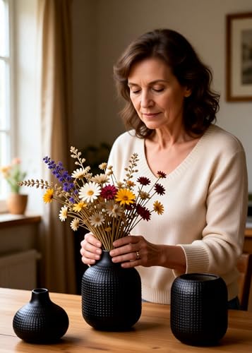 Black Ceramic Vases for Decor, 3 Set Weave Style Modern Minimalist Farmhouse Decoration for Table Shelf, Bookshelf Decoration - color: 14 Black