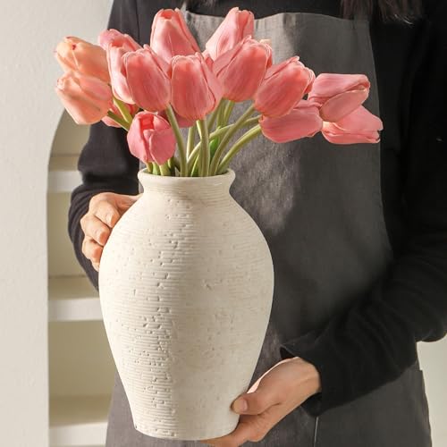 Vanselia Ceramic Flower Vase Home Decor - Large Farmhouse Table Vases Rustic Vintage Living Room Kitchen Bedroom Decorations for House Book Shelf Office Coffee Desk Dining Fireplace (9" Rustic) - color: Rustic-9"