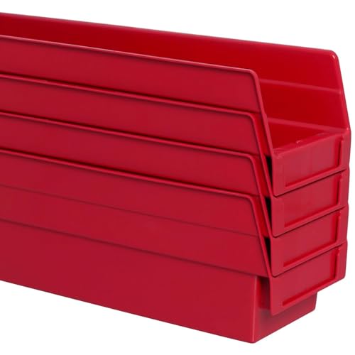 Akro-Mils 30120 Plastic Shelf Bins, Heavy Duty Storage Bins for Garage, Closet, and Drawer Organization, 12" x 4" x 4", Red, 24-Pack - color: Red