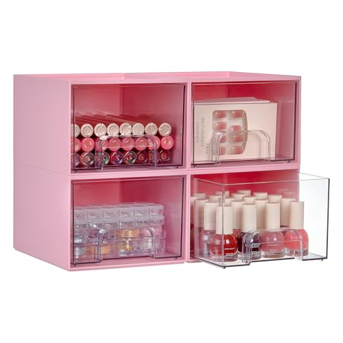 Vtopmart 4Pack Small Stackable Storage Drawers, Bathroom Makeup Organizer,Plastic Storage Bins For Vanity, Undersink, Kitchen Cabinet, Pantry, Home Organization(Pink) - style: 4pack-Pink